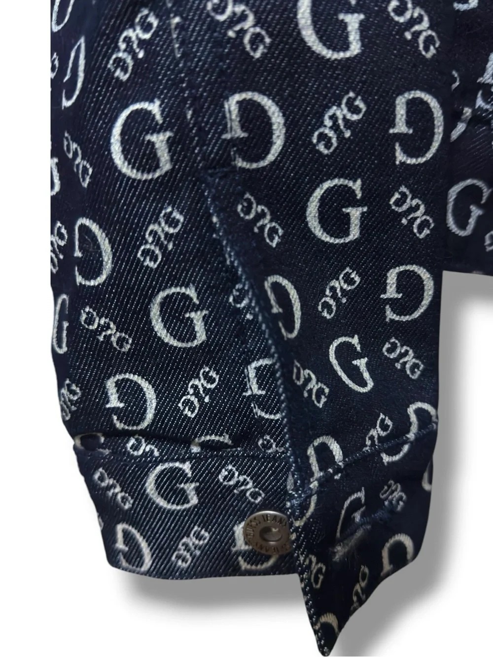 GUESS | NWOT Vintage Y2K Navy Blue Monogram G Logo-Print Cropped Denim Jacket (M